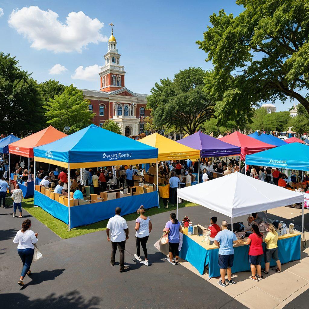 A warm and inviting scene showcasing a diverse group of families engaged in a health fair in New Jersey, with colorful booths providing healthcare resources, smiling faces, and community activities. Include a background of New Jersey landmarks subtly blended into nature. Emphasize unity, health, and community togetherness. vibrant colors. super-realistic.