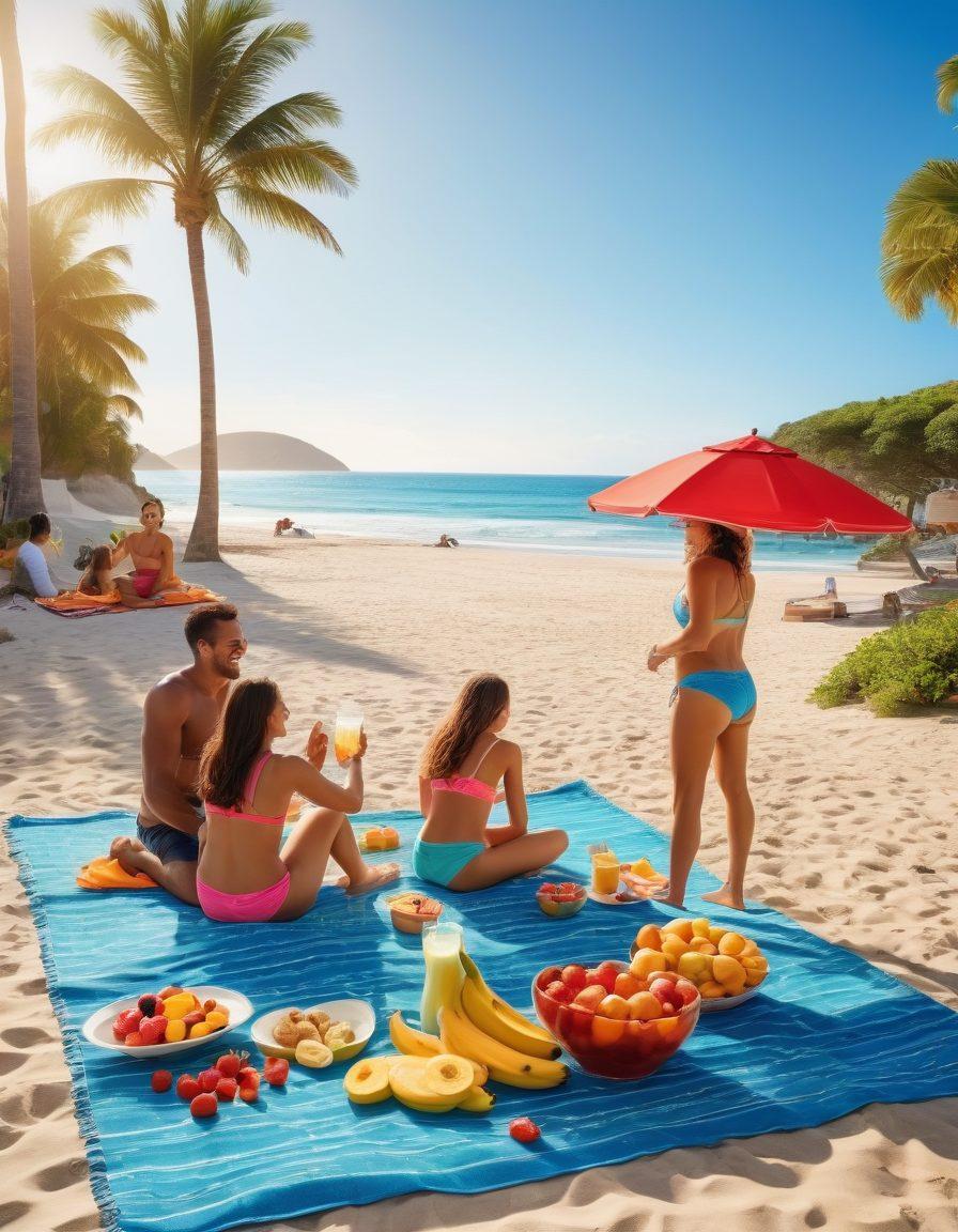 A joyful family of four enjoying a sunny beach day, engaging in healthy activities like beach volleyball and making smoothies. The scene features a picnic setup with colorful fruits and nutritious snacks on a blanket, surrounded by vibrant beach umbrellas and azure waves. Emphasize the atmosphere of wellness and togetherness among the family, with beachgoers exercising in the background. bright colors. cheerful mood. 3D.